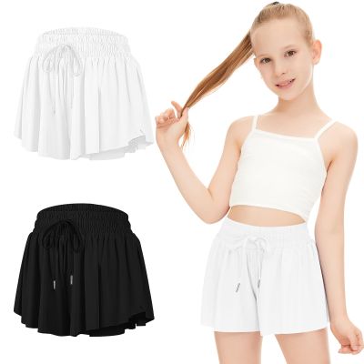 2 Packs Butterfly Shorts for Kids Girls Flowy Shorts with Pocket 2-in-1 Athletic Shorts Running Shorts for Girls Youth (Black + White, X-Large)
