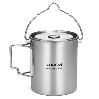 HUIOP Camping Cup, 750ml Stainless Steel Pot Portable Water Mug Cup with Lid and Foldable Handle Outdoor Camping Cooking Picnic