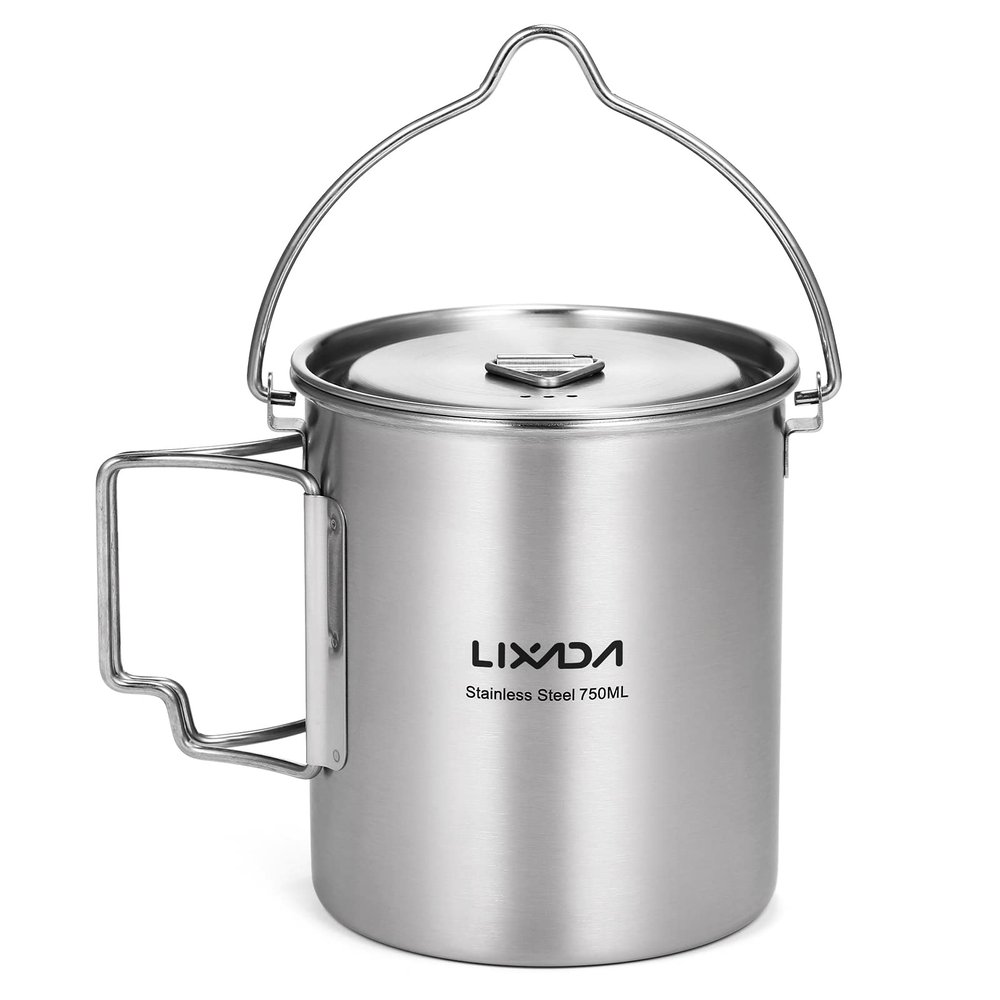 HUIOP Camping Cup, 750ml Stainless Steel Pot Portable Water Mug Cup with Lid and Foldable Handle Outdoor Camping Cooking Picnic