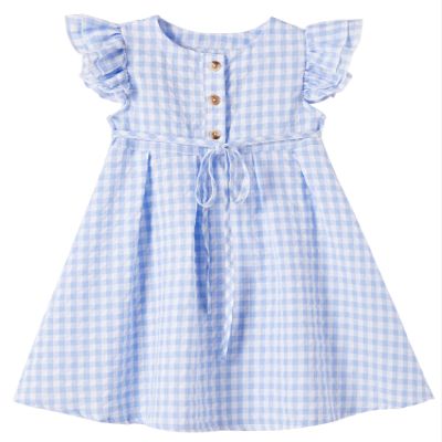 Beganly Little Girl's Flutter Sleeve Cotton Linen Dress Toddler Kids Double Ruffles Casual Dresses Plaid Blue 90
