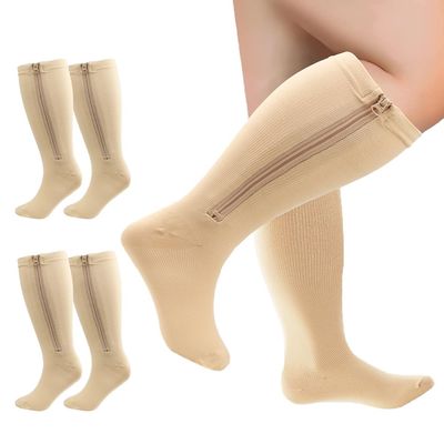 Cheeroyal 2 Pairs Wide Plus Size Calf Compression Socks with Zipper for Overweight Women Men 15-20 MmHg Zipper Compression Stockings (3XL, Skin)