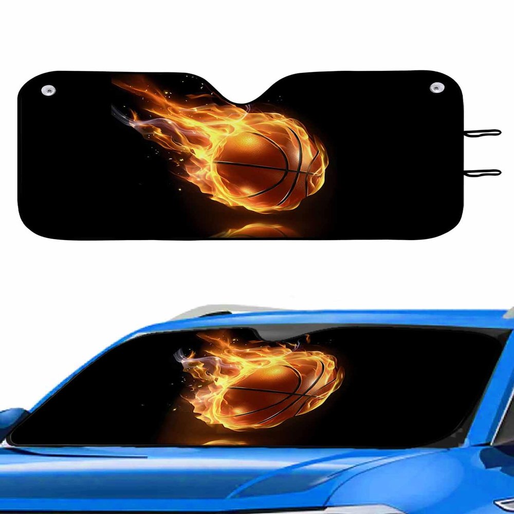 Front Car Windshield Sun Shade 29x51in, Basketball in Fire Flames Sports Theme Foldable Car Sunshade Blocks Sun UV Rays Protector Car Sun Visor Protector Keep Cool Car Sunshade
