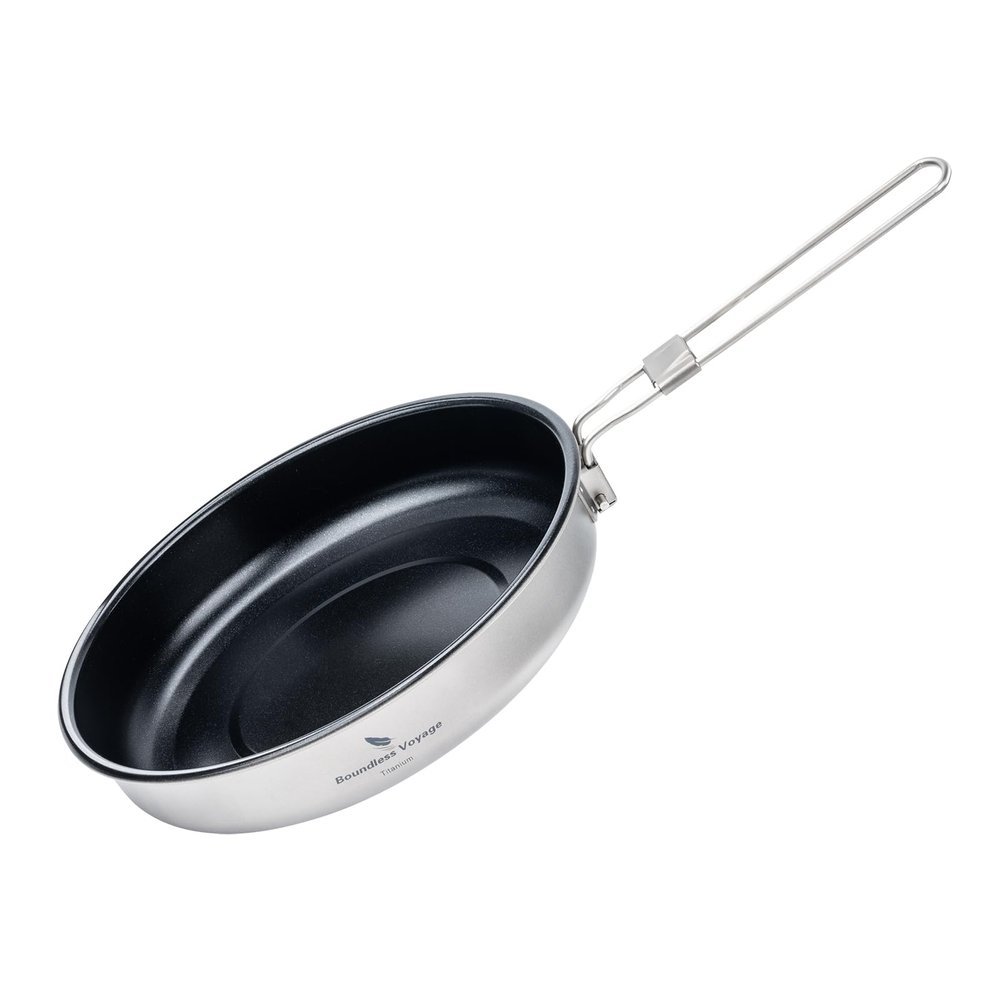 Boundless Voyage Titanium Non-Stick Frying Pan Outdoor Camping Skillet with Folding Handle Lightweight Campfire Cookware ((M)- 8.6 in.)