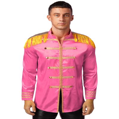 Sywiyi Men's Halloween Music Star Costume Hippie Jacket Marching Band Rock Man 60s Satin Cardigan Coat Hot Pink 3X-Large