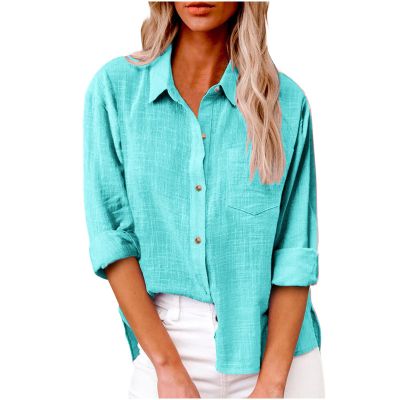 SMIDOW Womens Cotton Linen Button Down Shirt, #B-blue, Small