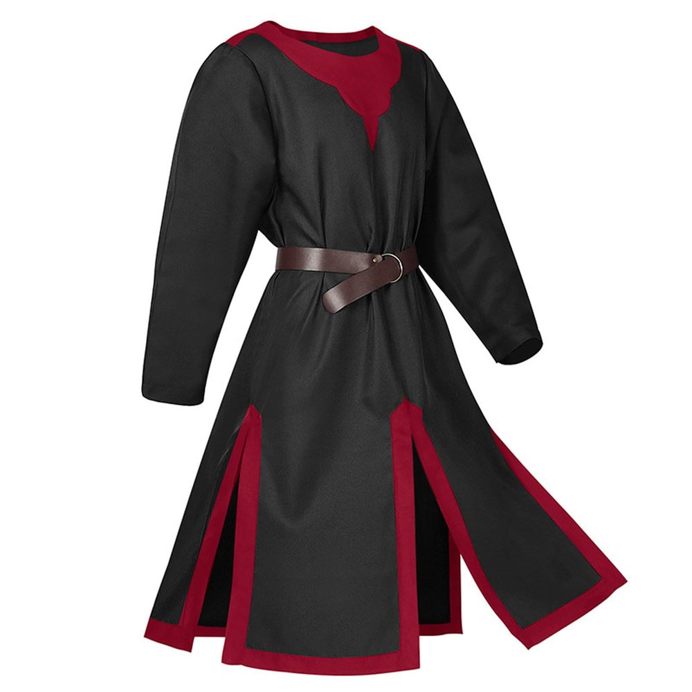 Ctreela Medieval Tunic Robe for Men Renaissance Knight Warrior Costume Long Sleeve Crusader Templar Robe Belted Teutonic Top