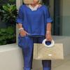 Women's Cotton Long Pants Suits Navy Blue High Low Hem Irregular Shirt Top Plus Harem Pants Sets Round Neck Top Plus Straight Leg Pants Suits Oversized XXL view 2