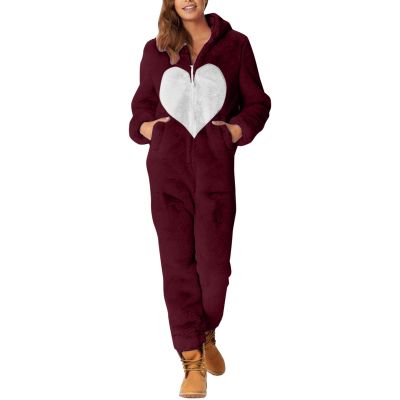 ZYXTIM Women's Warm Fleece One Piece Pajamas Full Zip Plus Size Heart Graphic Sherpa Lined Hoody Plush Sleepwear Playsuit Wine