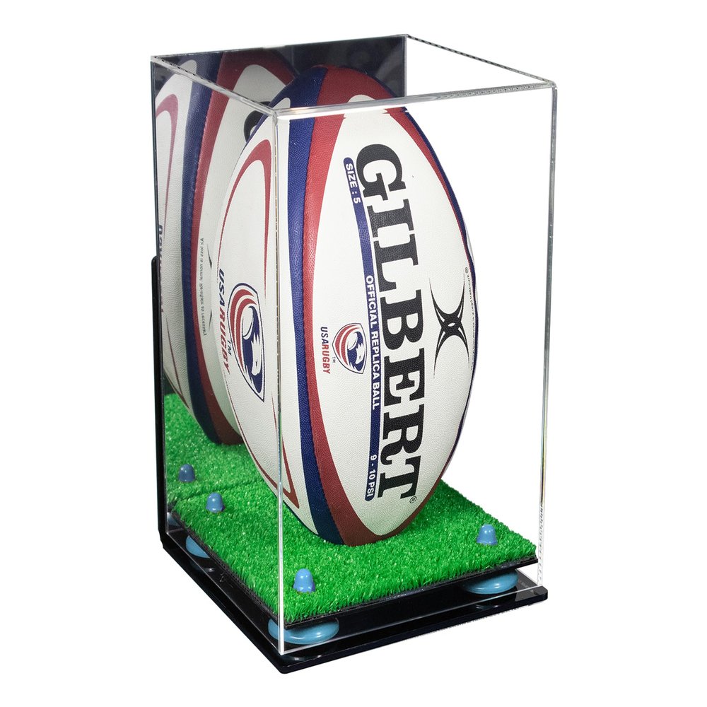 Better Display Cases Acrylic Rugby Ball Display Case Vertical with Mirror Case, Light Blue Risers, Wall Mount and Turf Base 8" x 8" x 12" (A060/B03)