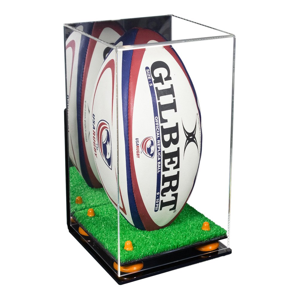 Better Display Cases Acrylic Rugby Ball Display Case Vertical with Mirror Case, Orange Risers, Wall Mount and Turf Base 8" x 8" x 12" (A060/B03)