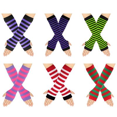 6 Pairs Long Fingerless Gloves for Women, Striped Fingerless Elbow Length Knitted Gloves for Women Girls