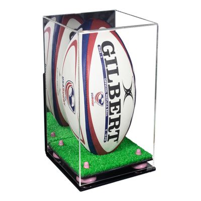 Better Display Cases Acrylic Rugby Ball Display Case Vertical with Mirror Case, Pink Risers, Wall Mount and Turf Base 8" x 8" x 12" (A060/B03)