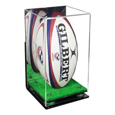 Better Display Cases Acrylic Rugby Ball Display Case Vertical with Mirror Case, Green Risers, Wall Mount and Turf Base 8" x 8" x 12" (A060/B03)