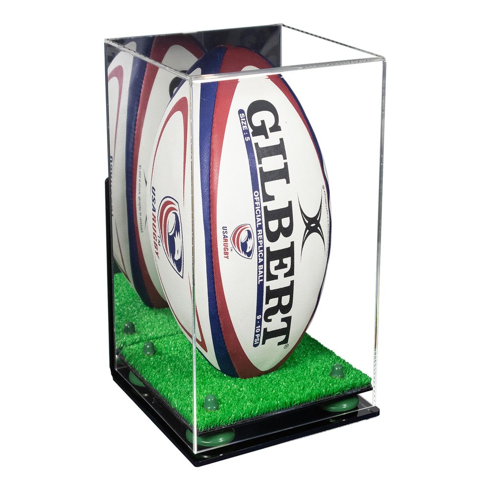Better Display Cases Acrylic Rugby Ball Display Case Vertical with Mirror Case, Green Risers, Wall Mount and Turf Base 8" x 8" x 12" (A060/B03)