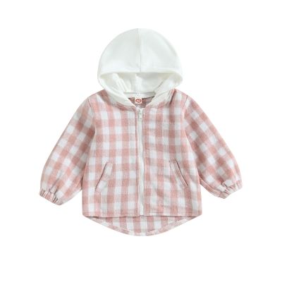 Douhoow Toddler Baby Plaid Jacket Baby Boy GIrl Flannel Hoodies Zip Up Hooded Fall Winter Outerwear Coat (Pink, 18-24 Months)