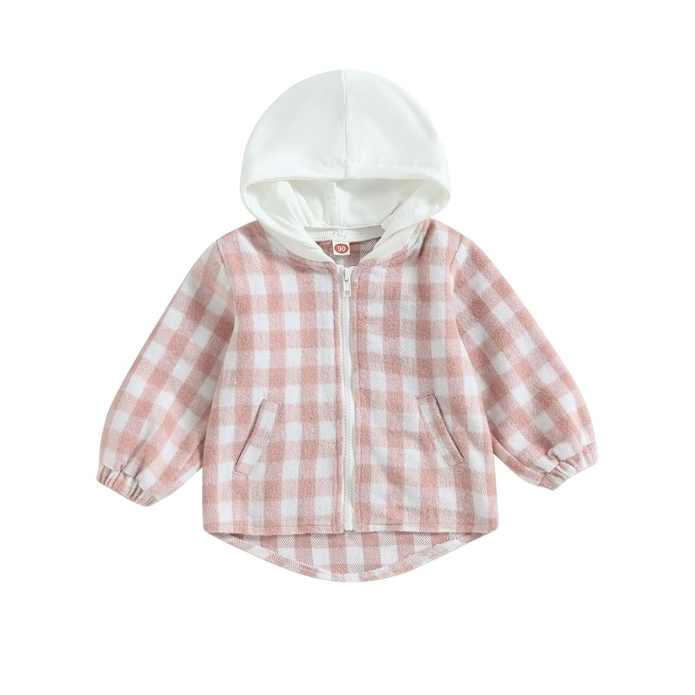 Douhoow Toddler Baby Plaid Jacket Baby Boy GIrl Flannel Hoodies Zip Up Hooded Fall Winter Outerwear Coat (Pink, 18-24 Months)