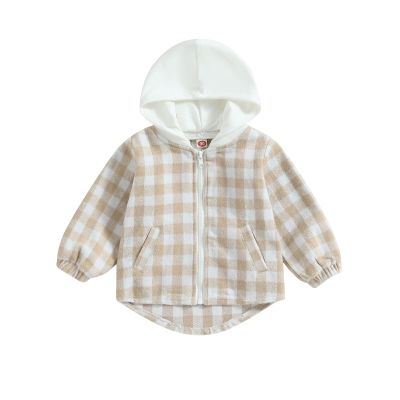 Douhoow Toddler Baby Plaid Jacket Baby Boy GIrl Flannel Hoodies Zip Up Hooded Fall Winter Outerwear Coat (Khaki, 12-18 Months)