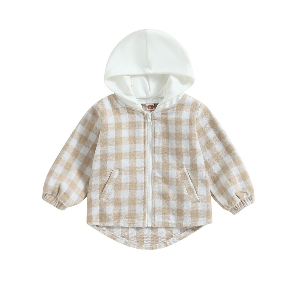 Douhoow Toddler Baby Plaid Jacket Baby Boy GIrl Flannel Hoodies Zip Up Hooded Fall Winter Outerwear Coat (Khaki, 12-18 Months)