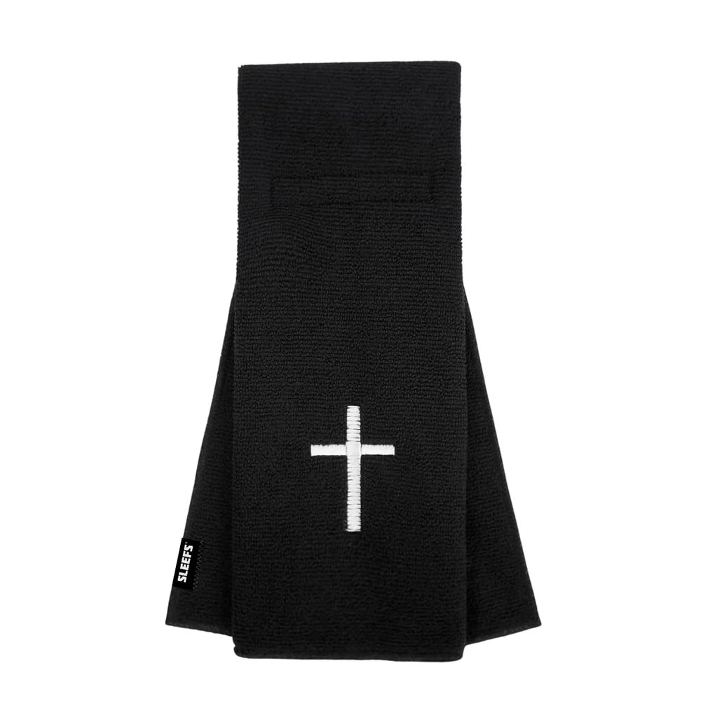 SLEEFS Football Towel - Cotton Quarterback QB Towel for The Football Field - Bi-Fold Hook & Loop Closure - Men/Youth/Boys/Adults - Faith Cross Black