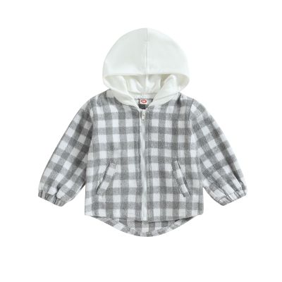 Douhoow Toddler Baby Plaid Jacket Baby Boy GIrl Flannel Hoodies Zip Up Hooded Fall Winter Outerwear Coat (Grey, 18-24 Months)