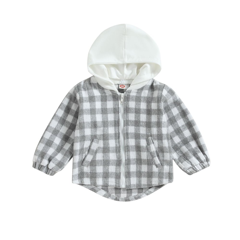 Douhoow Toddler Baby Plaid Jacket Baby Boy GIrl Flannel Hoodies Zip Up Hooded Fall Winter Outerwear Coat (Grey, 18-24 Months)