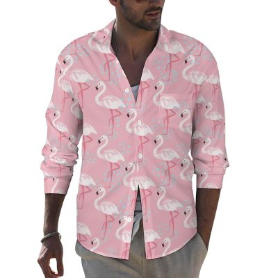 Pink Flamingos Men's Long Sleeve Shirt Button Down Work Shirt Casual Beach Shirt Tops XL