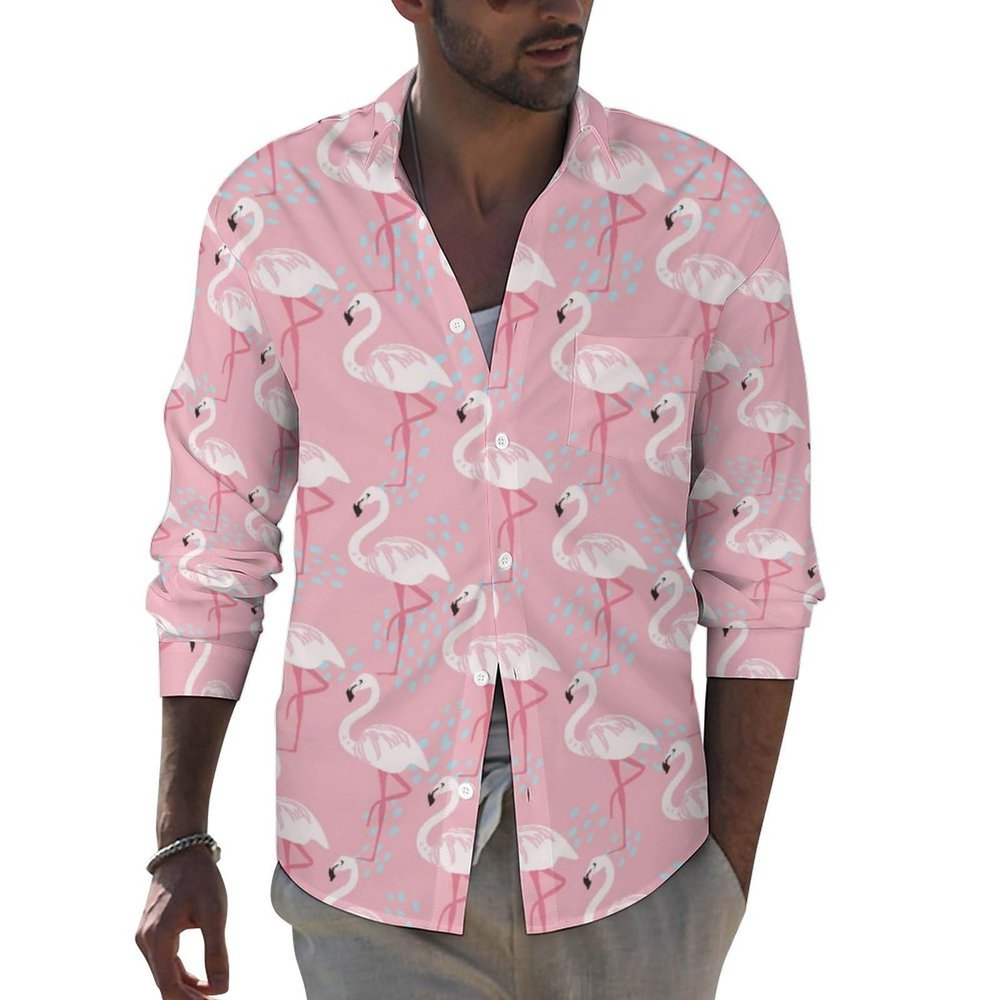 Pink Flamingos Men's Long Sleeve Shirt Button Down Work Shirt Casual Beach Shirt Tops XL