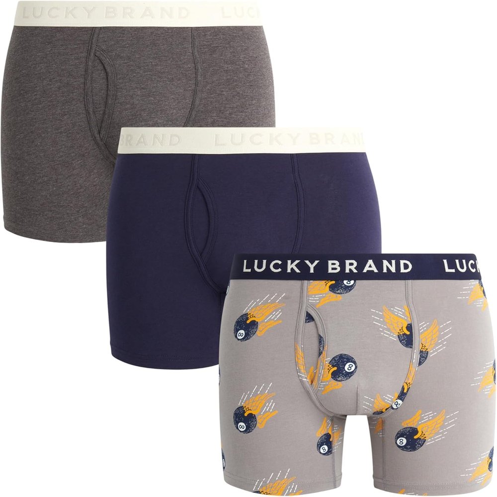 Lucky Brand Mens Boxer Briefs - 3 Pack Soft Stretch Casual Mens Underwear with Functional Fly Pouch Boxers for Men (S-2XL), Size Small, Heather Grey/Print/Navy