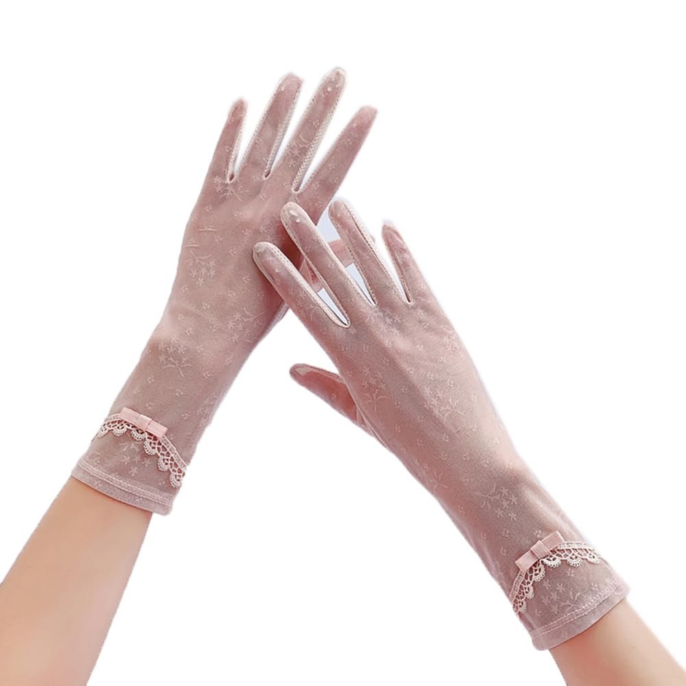 Flush of Dawn Lace Summer Sun Gloves Antiskid Touch Screen Women Sunblock Gloves Driving Outdoor Cycling Sunscreen Gloves (Pink)