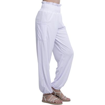 Anthika Womens Harem Pants High Waist Hippie Boho Yoga Casual with Pockets (Relaxed, Small-Medium Tall, White Lilac)