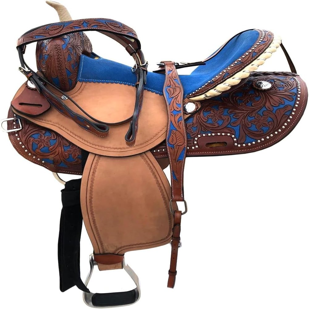 Blue Color Horse Saddle, Adults Youth Kids Western Horse Barrel Saddle Leather Tack Set (14" Seat)