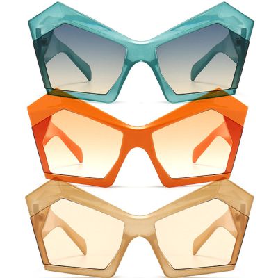 mincl Oversized Irregular Cat Eye Sunglasses Women Retro Gradient Shades UV400 Exaggerated Large Men Champagne Sun Glasses (3pcs-blue&Champagne&orange, M)