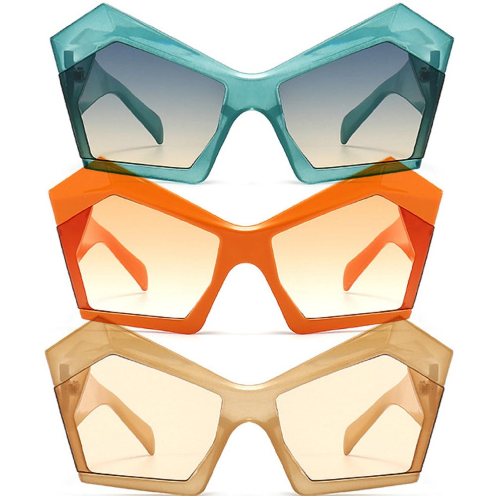 mincl Oversized Irregular Cat Eye Sunglasses Women Retro Gradient Shades UV400 Exaggerated Large Men Champagne Sun Glasses (3pcs-blue&Champagne&orange, M)