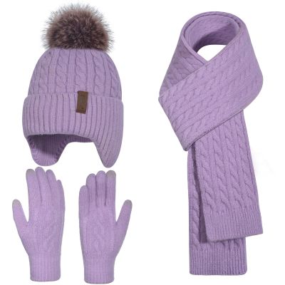Winter Hat Gloves Scarf Set for Kids Earflap Beanie with Cute Pom Knit Girls Children Baby Toddler Purple Warm Wool Fleece Lining 10 11 12 13 14 Years Old