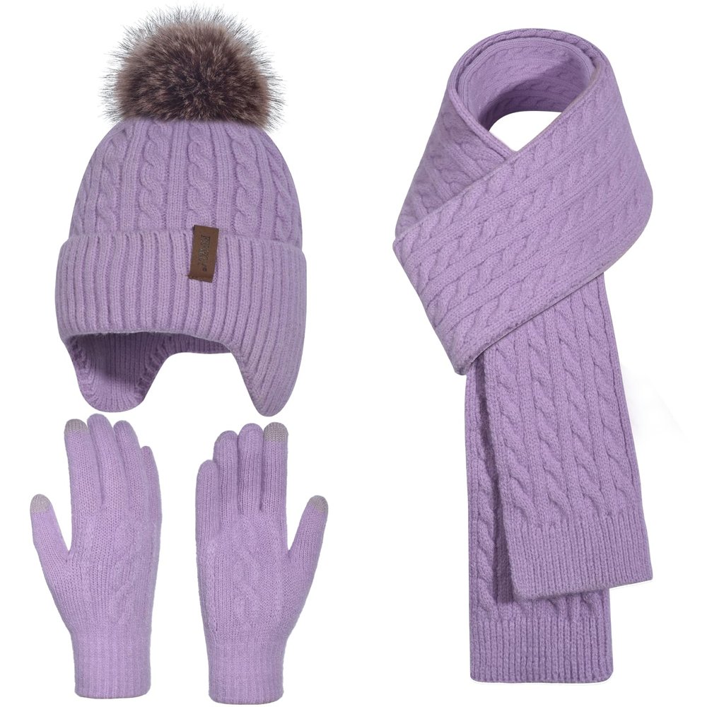 Winter Hat Gloves Scarf Set for Kids Earflap Beanie with Cute Pom Knit Girls Children Baby Toddler Purple Warm Wool Fleece Lining 10 11 12 13 14 Years Old