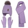 Winter Hat Gloves Scarf Set for Kids Earflap Beanie with Cute Pom Knit Girls Children Baby Toddler Purple Warm Wool Fleece Lining 10 11 12 13 14 Years Old view 1
