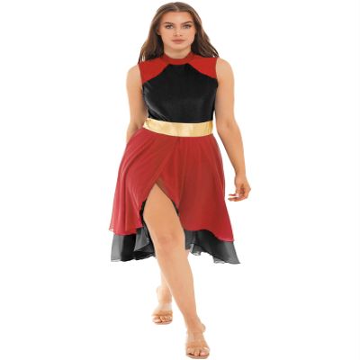 Shinsto Women Color Block Sleeveless Liturgical Praise Dance Dress Tunic Lyrical Dance Costume Red&Black Small