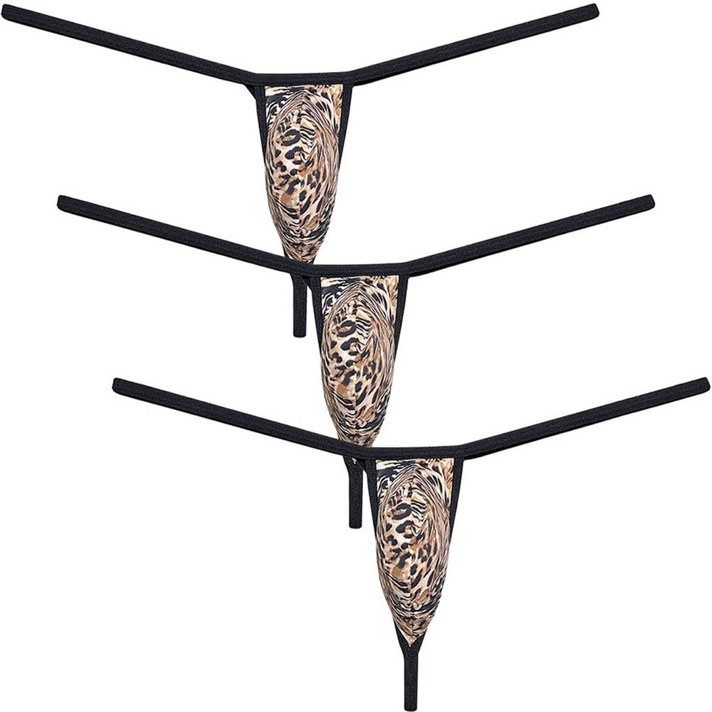 Botmois Sexy Men's Leopard Mini Bikini Thong Underwear Diamond Back Tangas Minimum Coverage G-string Underpants Hot Jockstap 3-Pack(Stripe Leopard) L
