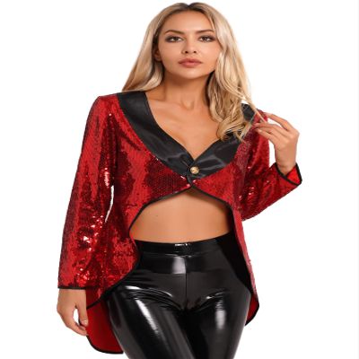 YOOJOO Ringmaster Costume Women Circus Showman Sequin Tailcoat Jacket Adult Halloween Party Costumes Red XX-Large
