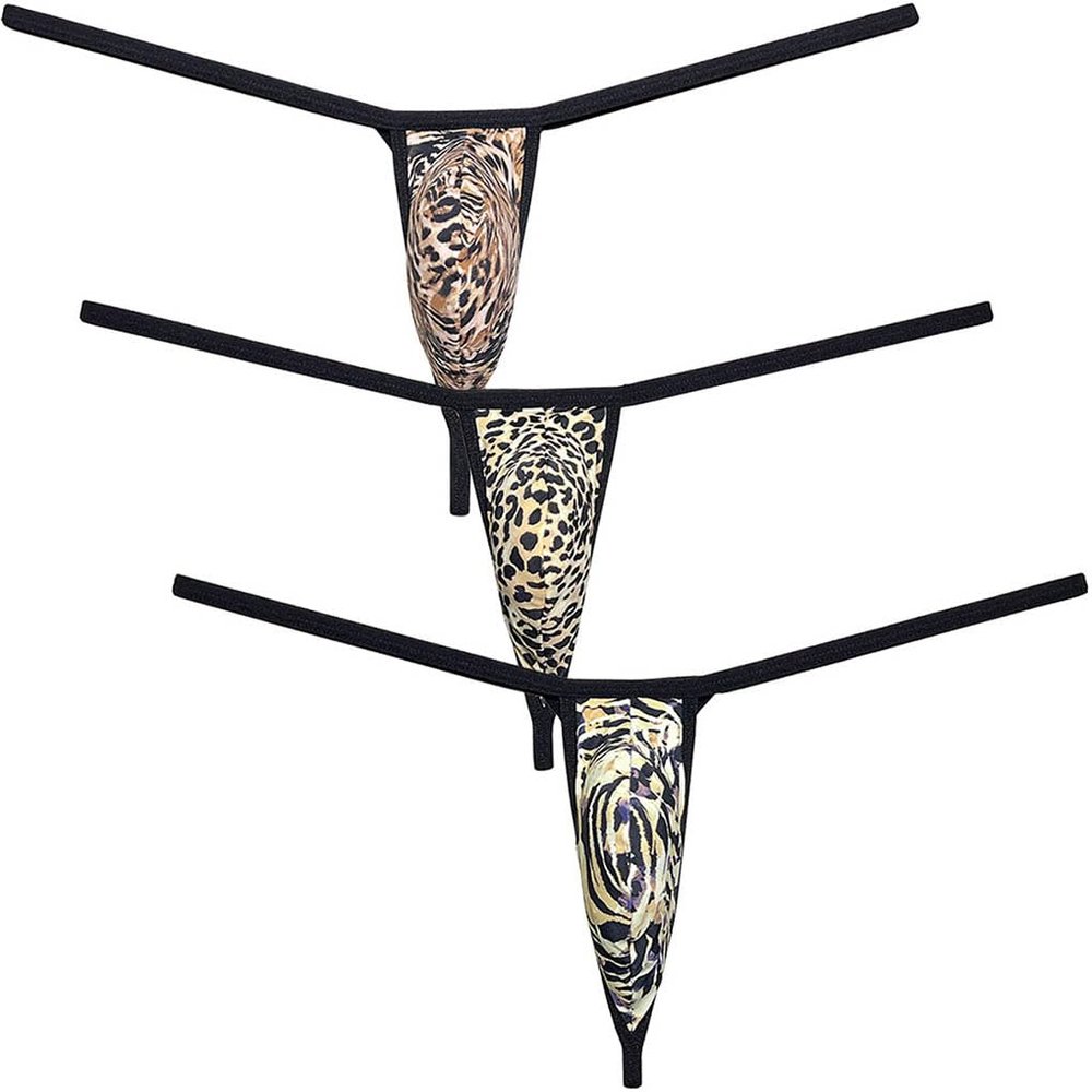 Botmois Sexy Men's Leopard Mini Bikini Thong Underwear Diamond Back Tangas Minimum Coverage G-string Underpants Hot Jockstap 3-Pack(Stripe Leopard,Small Brown Leopard,Big Stripe Leopard) M