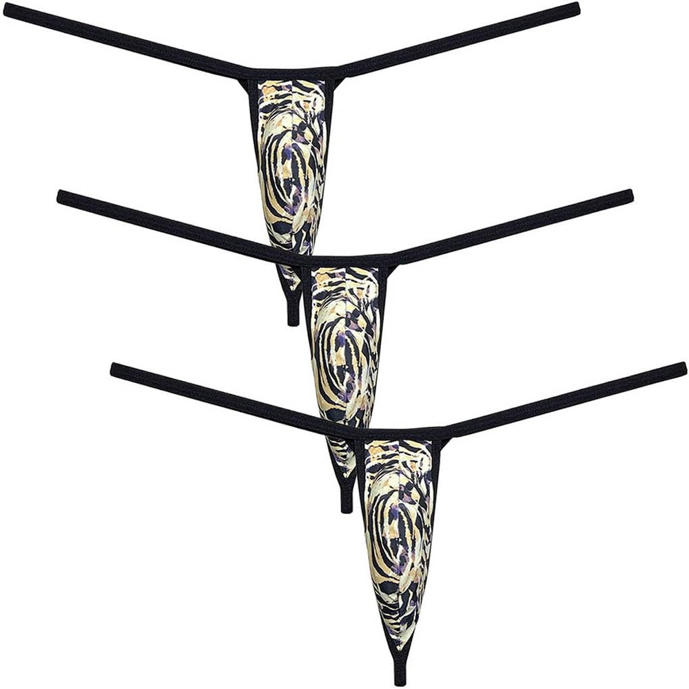 Botmois Sexy Men's Leopard Mini Bikini Thong Underwear Diamond Back Tangas Minimum Coverage G-string Underpants Hot Jockstap 3-Pack(Big Stripe Leopard) XL