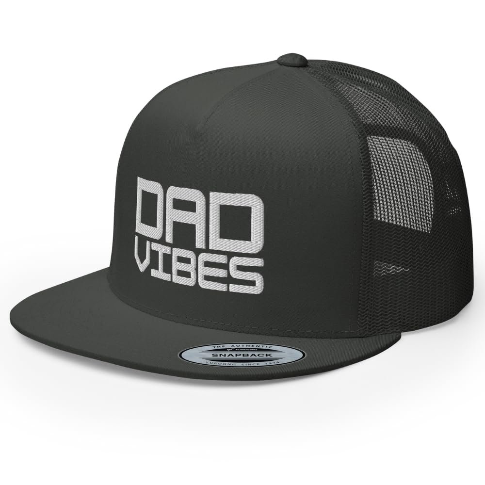 RIVEMUG Dad Vibes Premium Trucker Hat Flat Bill High Crown Adjustable Cap Charcoal