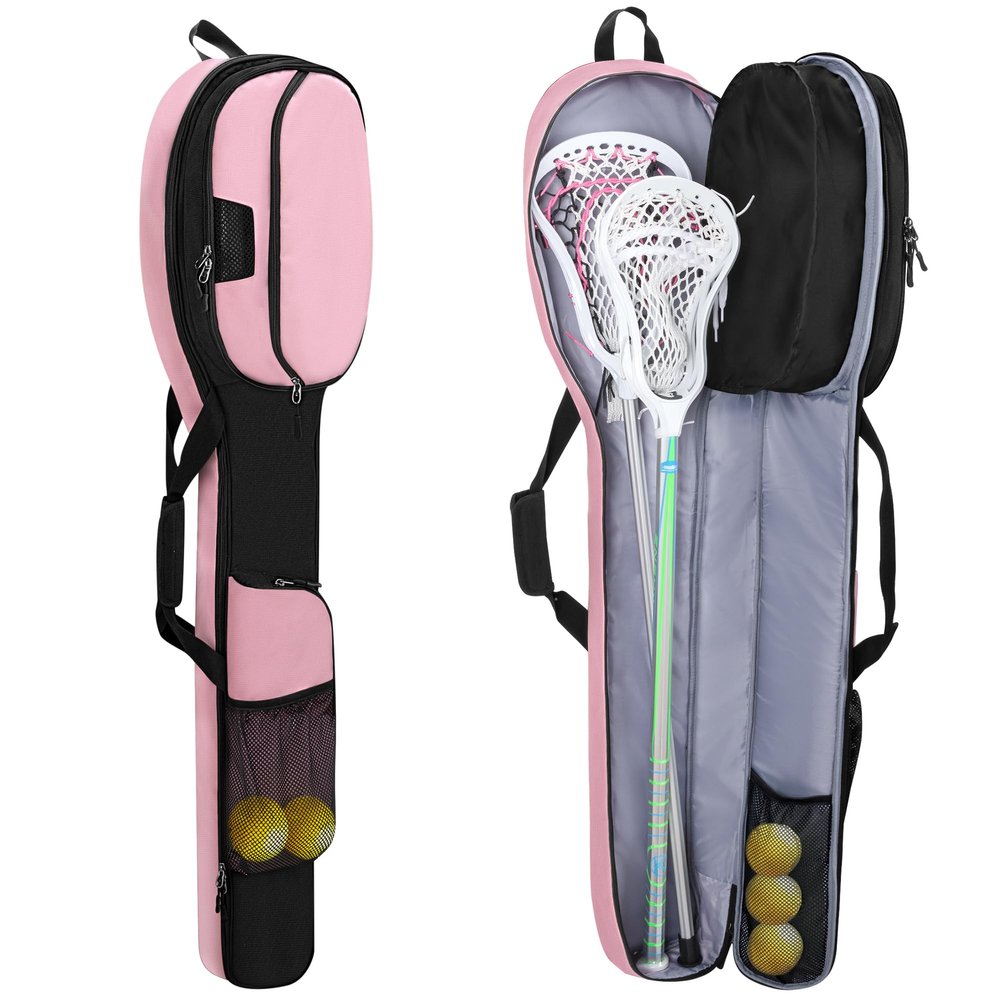 GOBUROS Lacrosse Stick Bag for Men Women, Padded Lax Equipment Bag with Separate Ventilated Shoe Compartment and Multi Pockets for Essentials, Black and Pink