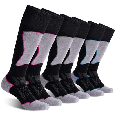 CS CELERSPORT Women's Merino Wool Ski Socks, 3 Pack Thermal Warm Winter Thick Knee High Snowboarding Skiing Socks, Black Grey + Black Rose Red + Black Blue, Small
