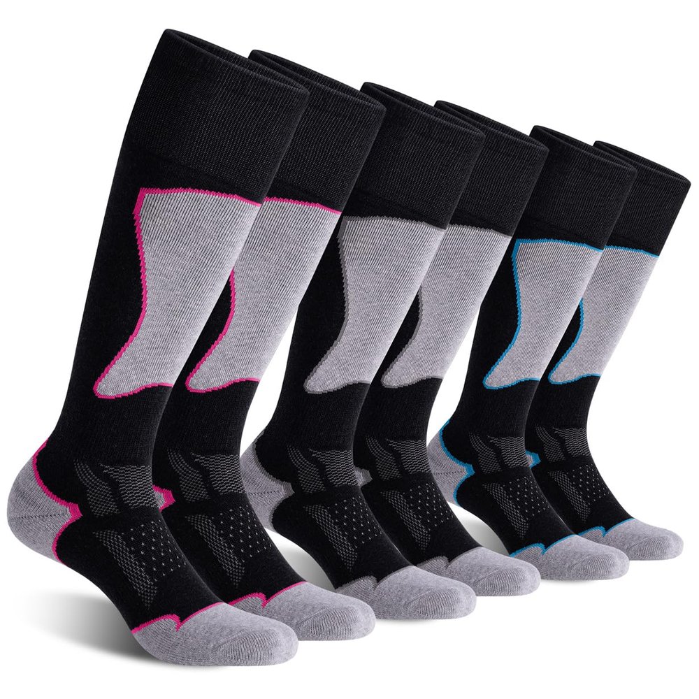 CS CELERSPORT Women's Merino Wool Ski Socks, 3 Pack Thermal Warm Winter Thick Knee High Snowboarding Skiing Socks, Black Grey + Black Rose Red + Black Blue, Small