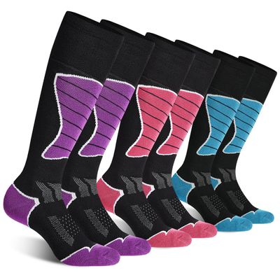 CS CELERSPORT Women's Merino Wool Ski Socks, 3 Pack Thermal Warm Winter Thick Knee High Snowboarding Skiing Socks, Black Blue + Black Pink + Black Purple, Small