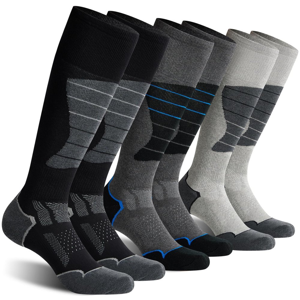 CS CELERSPORT 3 Pack Wool Ski Socks for Men and Women Skiing, Snowboarding, Cold Weather, Winter Performance Socks, Black+Dark Grey+Light Grey, Large