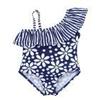 Freebily Kids Girls' One-Piece Floral Swimsuit Ruffled Spaghetti Straps Tankini Bikini Swimwear Bathing Suit Navy Blue 2-3 view 2