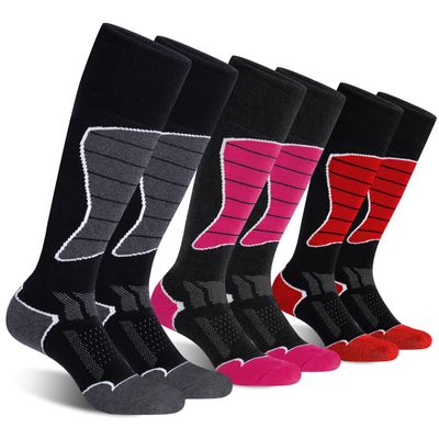 CS CELERSPORT Women's Merino Wool Ski Socks, 3 Pack Thermal Warm Winter Thick Knee High Snowboarding Skiing Socks, Black Dark Grey + Rose Red + Black Red, Medium