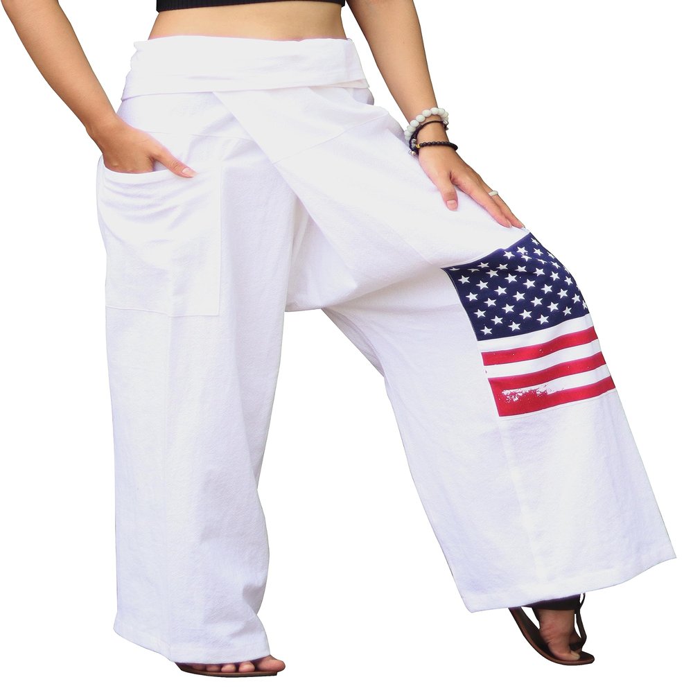 RaanPahMuang Thai Fisherman Pants Men/Women, Loose Yoga, Pirate, Harem Pants, 100% Cotton, Unisex Kimono Pants, XX-Large-3X-Large, Muang Cotton - Flag - White